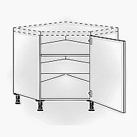 Technical illustration of an open base cabinet with shelves