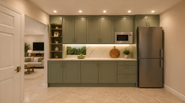 Sage-green shaker kitchen with matching wall and base cabinetry